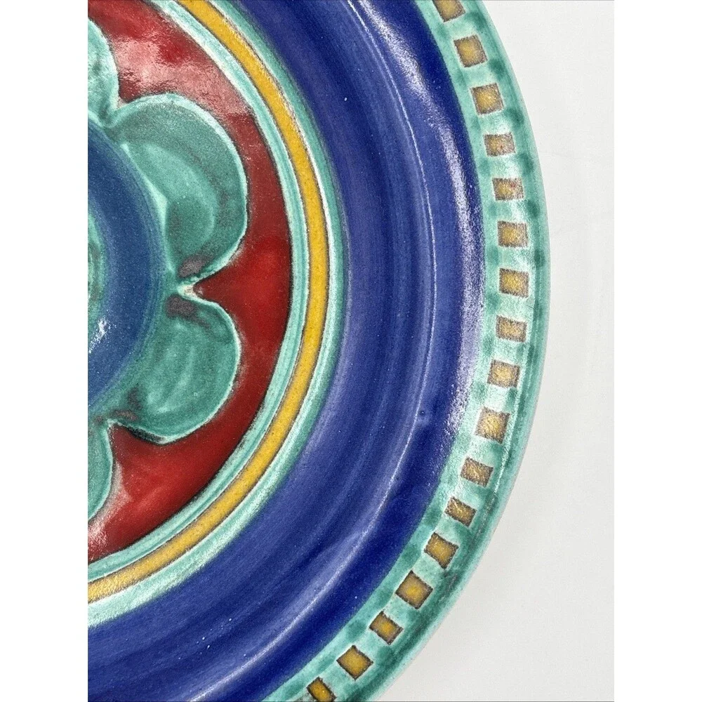 DeSimone Italy Art Ceramic Plate Signed Colorful Pottery Blue Red Flower 10 Inch
